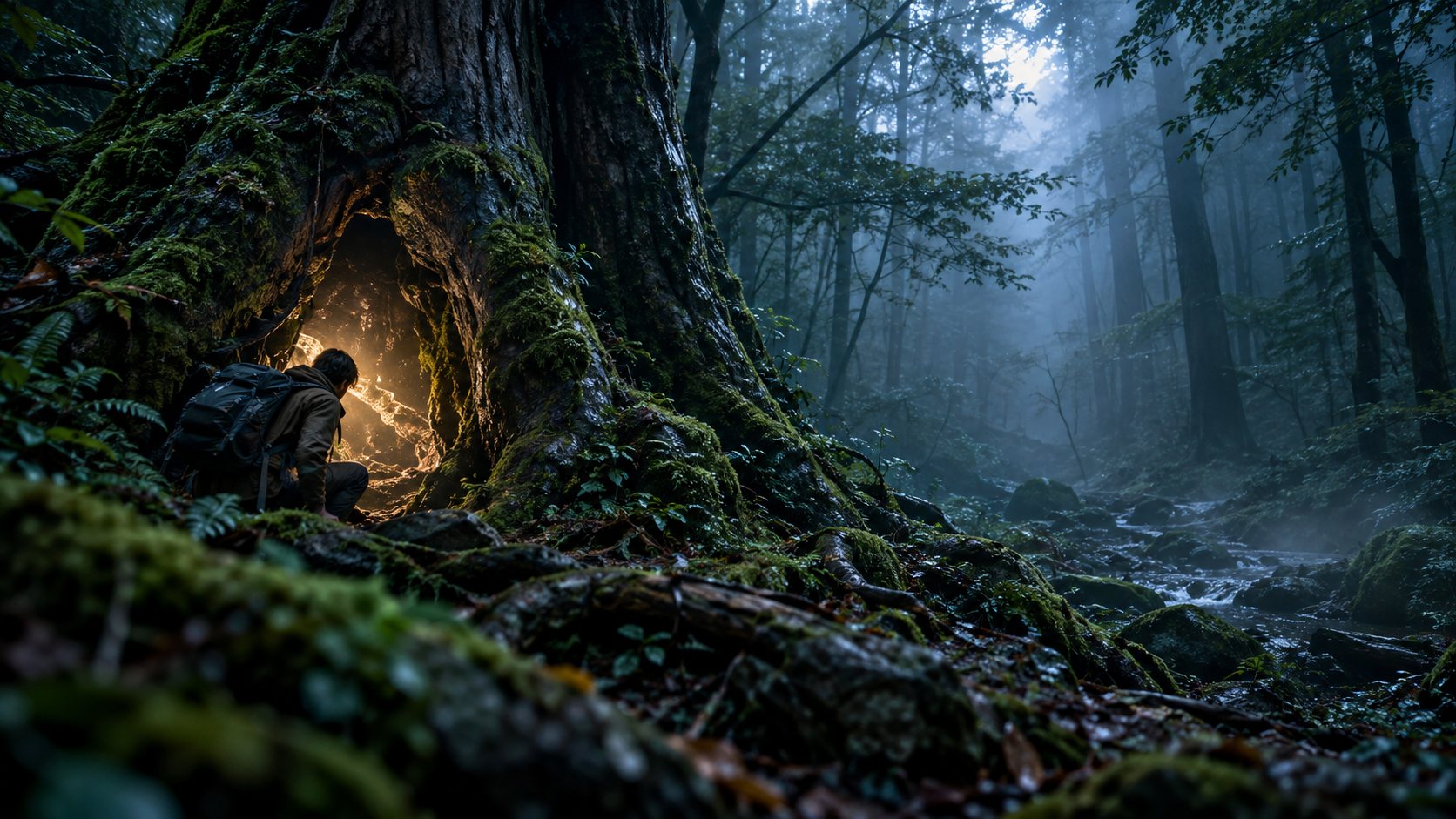 夜明け前の霧の森。苔むした大木の根元の洞を、一人がしゃがんでのぞき込んでいる。洞の奥には、淡い光が見える。
