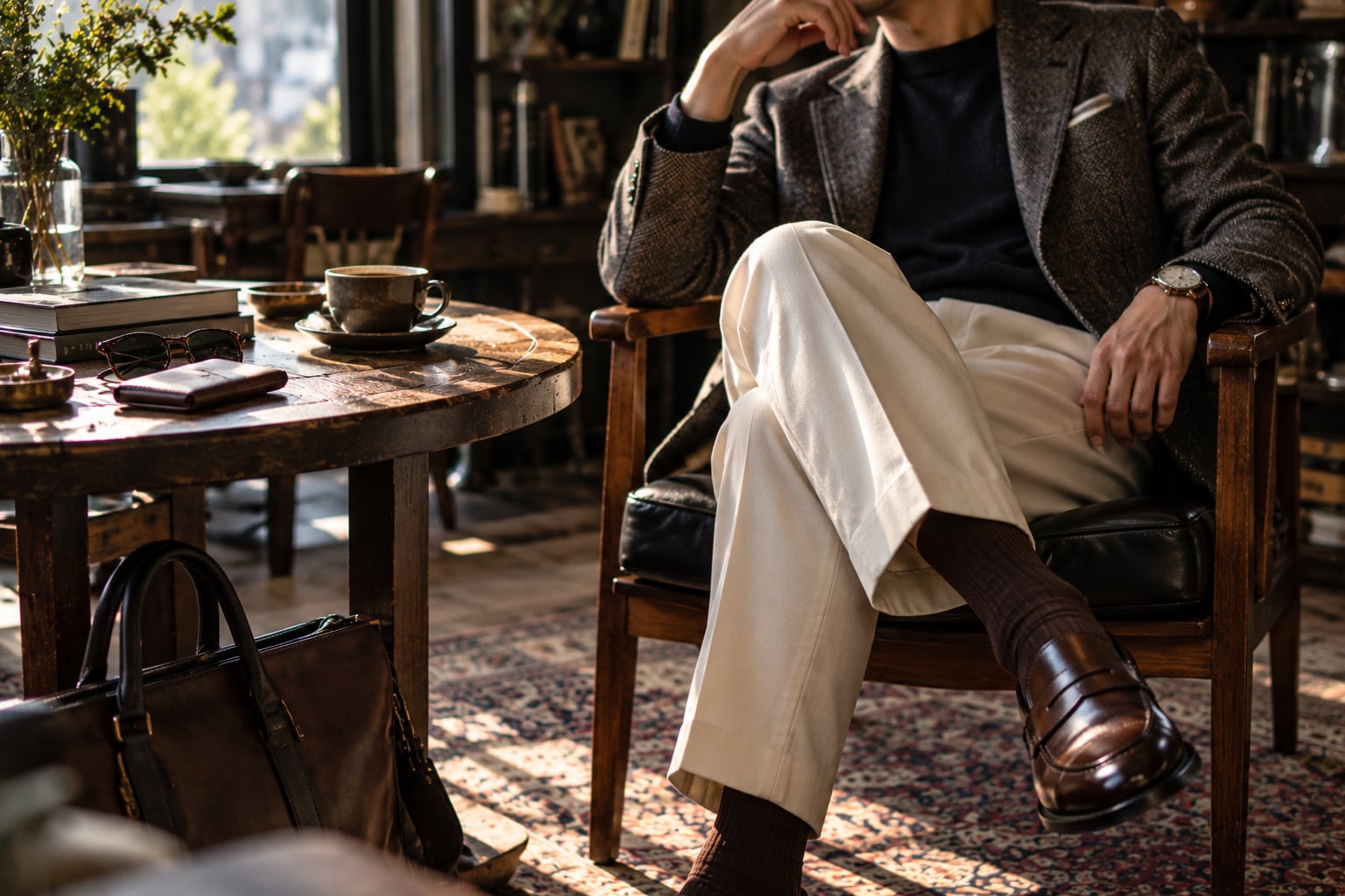 光の差す部屋で、木の椅子に脚を組んで座る人。手前の古い木のテーブルには、コーヒーと本、革の小物が置かれている。