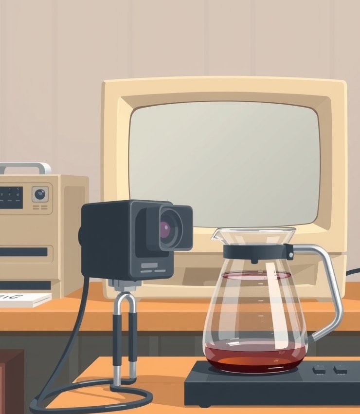 ガラスのコーヒーポットに、小さな黒いカメラが向けられている。うしろには、古い型のコンピュータの画面。研究室の机の上の、やわらかいイラスト。